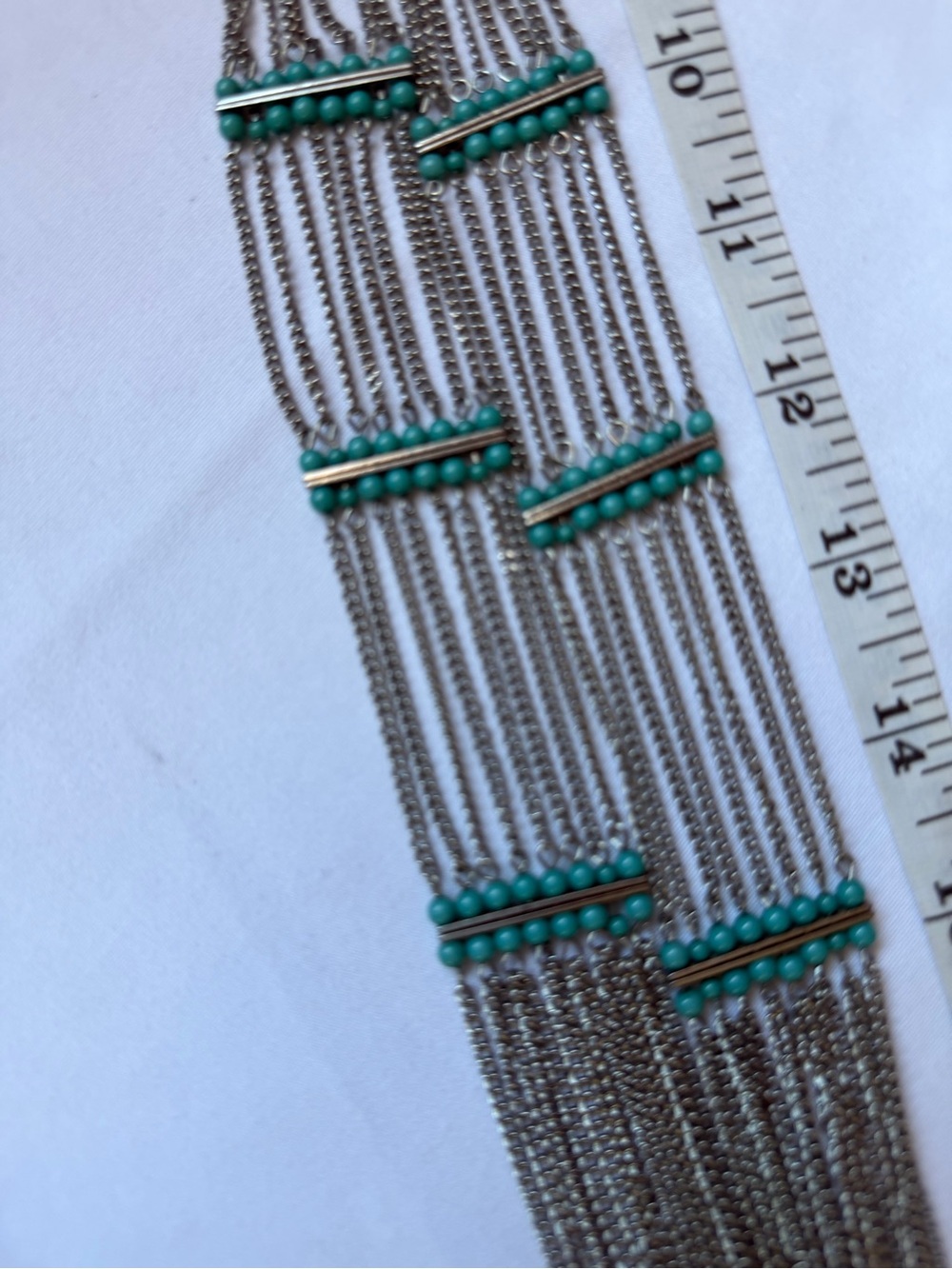 Long Silver Tone Multi Strand Chain Necklace Turquoise Bead Boho Statement - Picture 8 of 9